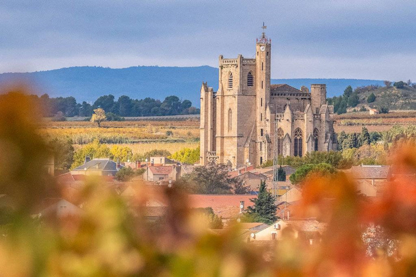 Catedral medieval com vinhas de outono e vila ao fundo